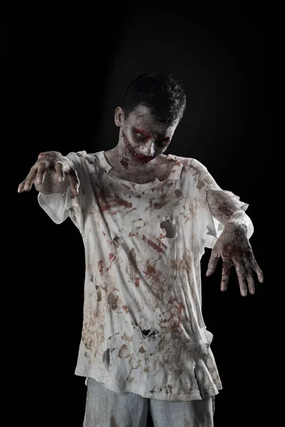Portret Van Een Enge Zombie Man Achter Zijn Slachtoffer Concept — Stockfoto