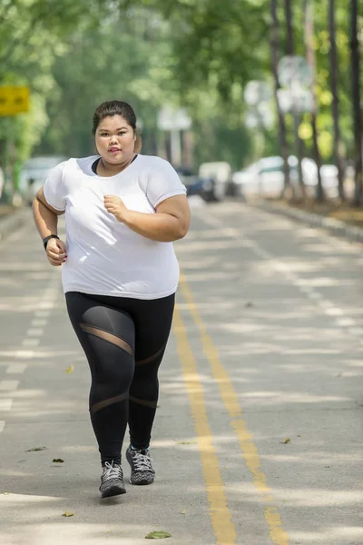 Portrait Fat Woman Wearing Sportswear While Jogging Road — Stock Photo, Image