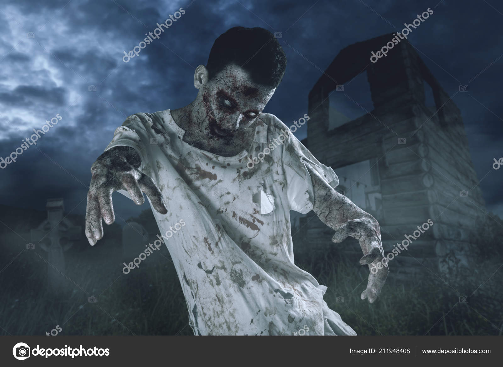 Concepto Horror Halloween Imagen Del Aterrador Hombre Zombi Caminando Cerca  — Foto de stock #211948408 © realinemedia, image size:1600x1167