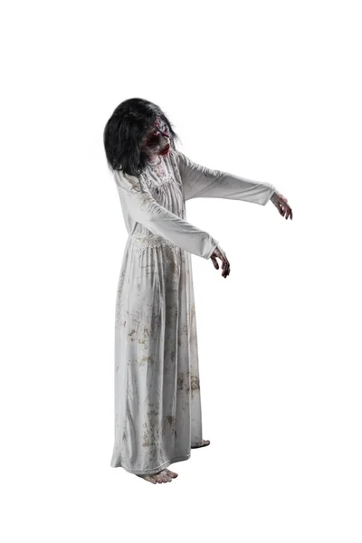 Conceito Horror Halloween Comprimento Total Fantasma Feminino Misterioso Pisando Estúdio — Fotografia de Stock