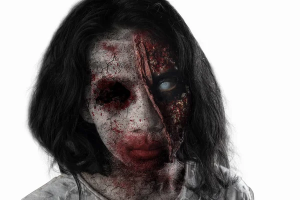 Concepto Horror Halloween Fantasma Femenino Aterrador Con Heridos Cara Aislado — Foto de Stock