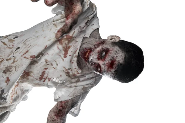 Erkek Zombi Closeup Kanlı Ağız Yırtık Elbiseler Beyaz Arka Plan — Stok fotoğraf