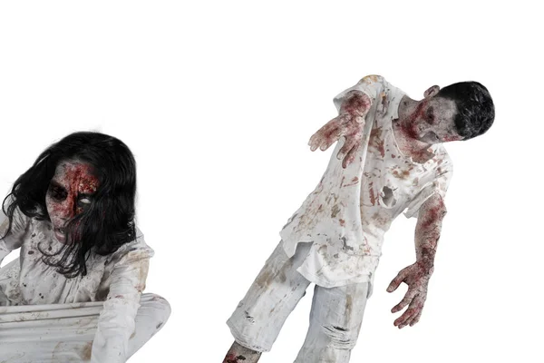 Halloween Skräck Koncept Bilden Två Skrämmande Zombies Med Blodiga Ansikte — Stockfoto