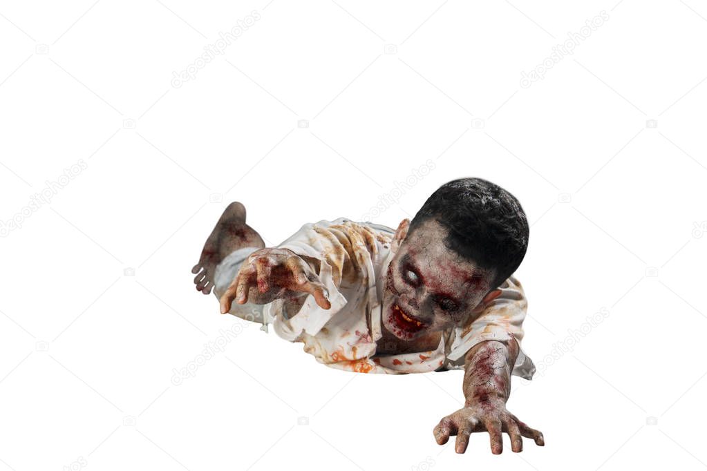Halloween horror concept. Image of horrible male ghost creeping with wounded face in the studio, isolated on white background