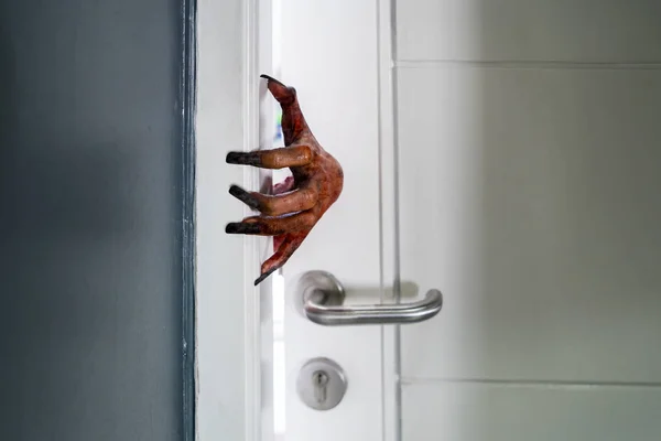 Halloween Horror Concept Image Creepy Hand Emerging Open House Door — Stock Photo, Image