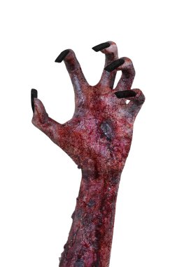 Halloween korku kavramı. Eli kanlı yaralı, izole üzerinde beyaz arka plan ile bir kadın zombi