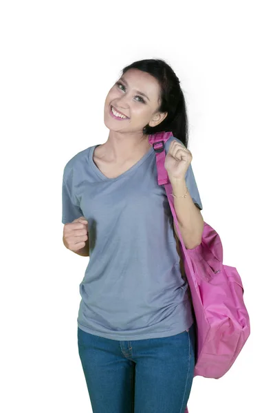 Retrato Una Estudiante Universitaria Celebrando Éxito Bailando Estudio Aislada Sobre — Foto de Stock