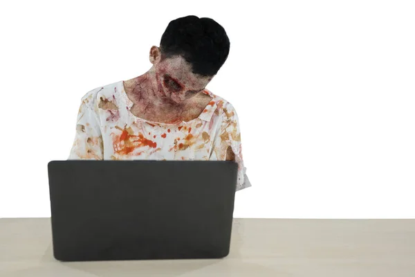 Picture Male Zombie Addicted Playing Laptop Studio Isolated White Background — Stock Photo, Image