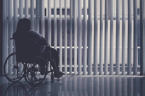 Silhouette Une Femme Obèse Assise Dans Fauteuil Roulant Près Fenêtre — Photo