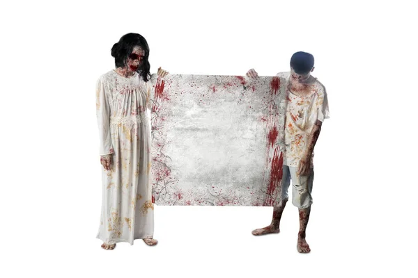 Conceito Horror Halloween Imagem Dois Fantasmas Assustadores Mostrando Uma Pedra — Fotografia de Stock