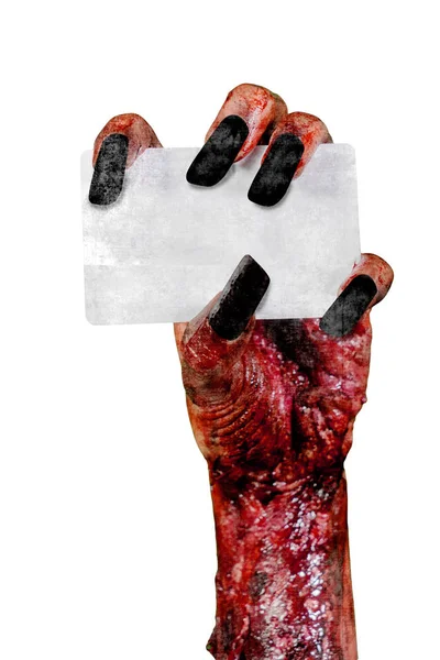 Conceito Horror Halloween Fechar Mãos Mulher Zumbi Segurando Cartão Branco — Fotografia de Stock