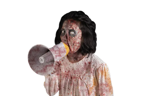 Halloween Horror Concept Image Terrible Female Ghost Screaming Megaphone Studio — Stock Photo, Image