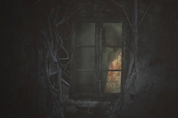 ハロウィーン ホラー コンセプト ウィンドウの背後に立ったままカメラを見つめてひどい女性の幽霊 幽霊屋敷で撮影します — ストック写真