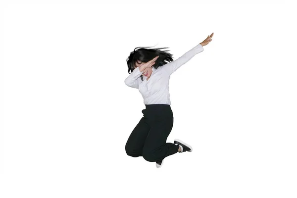 Aantrekkelijke Jonge Zakenvrouw Dansen Springen Studio Geïsoleerd Witte Achtergrond — Stockfoto