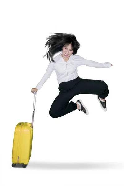 Female Entrepreneur Jumping Studio While Holding Luggage Isolated White Background — Stock Photo, Image