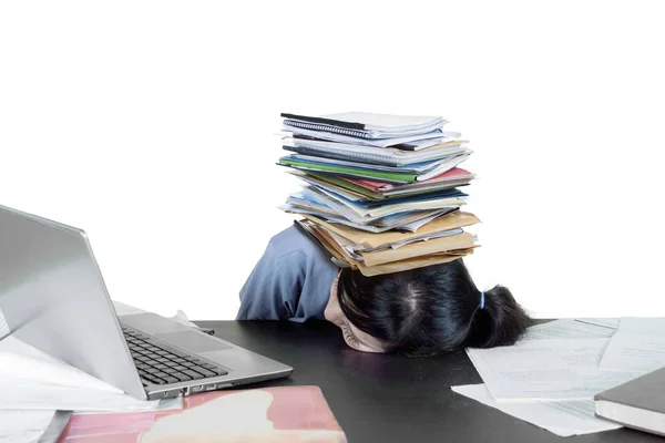Imagen Una Estudiante Agotada Durmiendo Con Una Pila Libros Sobre —  Fotos de Stock