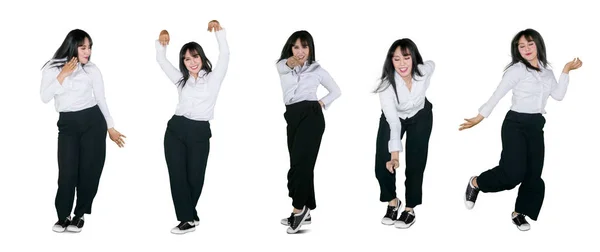 Движение Молодой Красивой Предпринимательницы Танцующей Студии Изолированной Белом Фоне — стоковое фото
