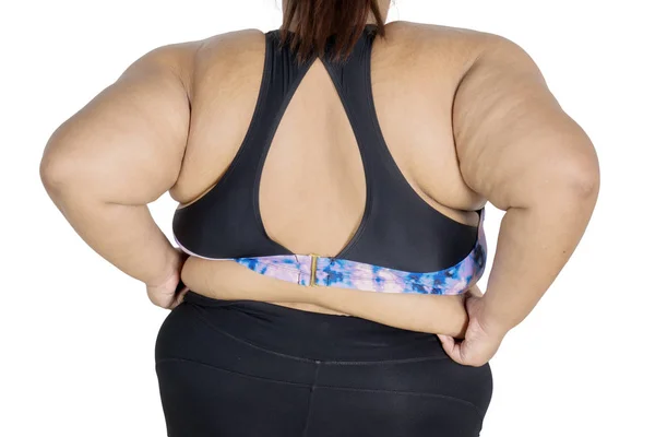 Close Mulher Obesa Vestindo Roupas Esportivas Mostrar Sua Gordura Barriga — Fotografia de Stock