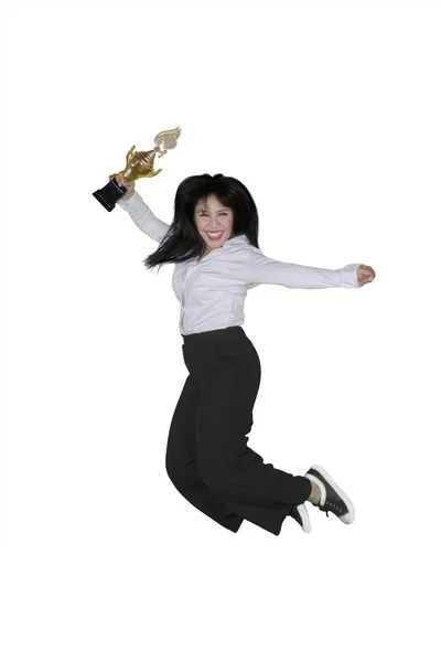 Successful Businesswoman Jumping Studio While Holding Trophy Isolated White Background — Stock Photo, Image