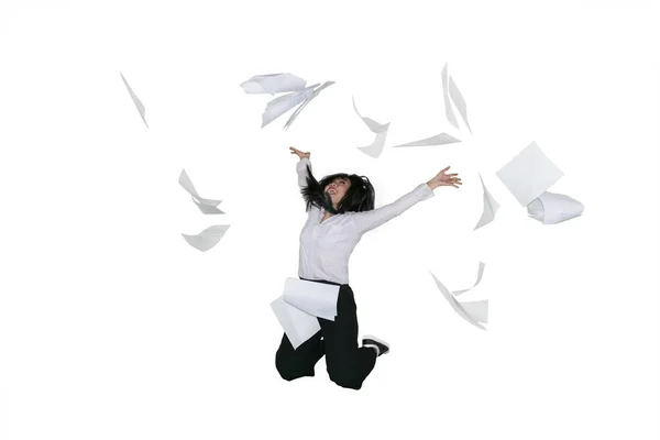 Successful Young Businesswoman Jumping Studio While Throwing Documents Isolated White — Stock Photo, Image