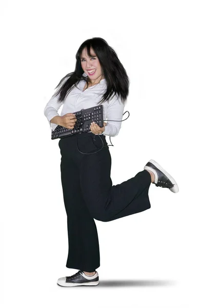 Pretty Asian Businesswoman Playing Keyboard Computer Guitar While Dancing Studio — Stock Photo, Image