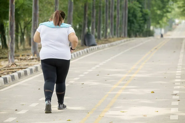 Yolda Koşu Spor Giyim Giyen Kilolu Kadın Arkadan Görünüş — Stok fotoğraf