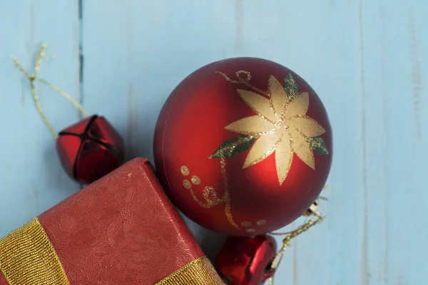 Top View Beautiful Christmas Ornament Gift Box Wooden Table — Stock Photo, Image