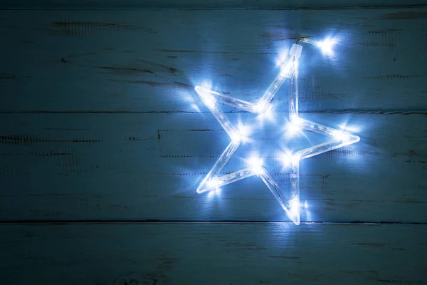 Top View Christmas Lights Shaped Star Wooden Table — Stock Photo, Image