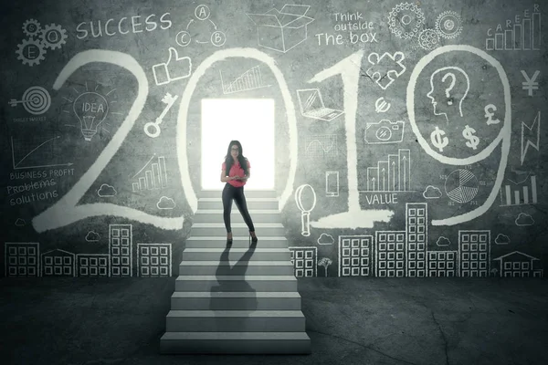 Female Entrepreneur Holding Tablet Stairway While Standing Bright Entrance Door — Stock Photo, Image