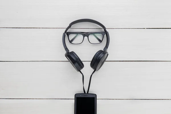 Closeup Headset Glasses Mobile Phone Wooden Table Father Day — Stock Photo, Image