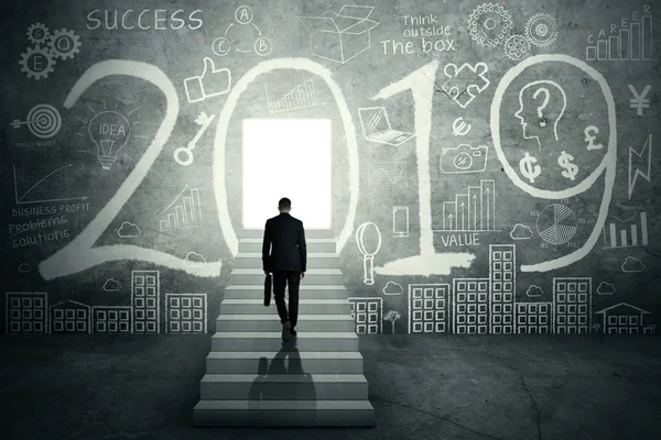 Rear View Male Entrepreneur Holding Suitcase Stair While Walking Bright — Stock Photo, Image