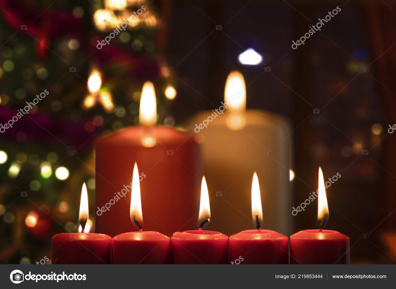 Red White Christmas Candles Burning Table Blurred Christmas Tree