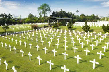 JAKARTA - Indonesia. October 11, 2018: Aerial landscape of Dutch war graveyard with wooden crosses at Ereveld Menteng Pulo in Jakarta, Indonesia clipart