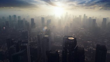Jakarta - Endonezya. 12 Ekim 2018: Jakarta cityscape gündoğumu zaman binalar gökdelen silueti ile 