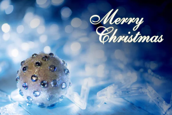 Close Christmas Ball Ornament Star Lights Table Merry Christmas Text — Stock Photo, Image