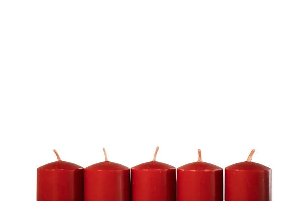 Closeup Five Red Candles Copyspace Isolated White Background — Stock Photo, Image