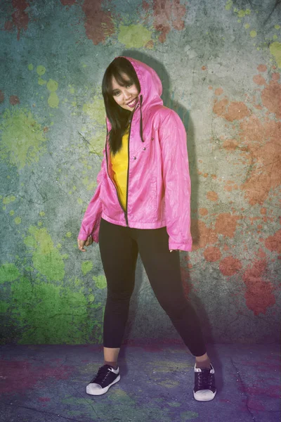 Portrait Asian Female Dancer Dressed Pink Jacket While Standing Studio — Stock Photo, Image