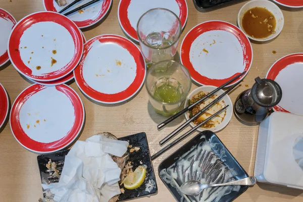 Top View Messy Plates Glasses Eating Meals Wooden Table — Stock Photo, Image