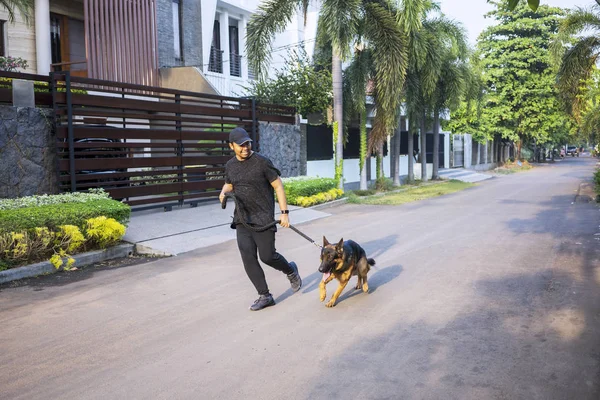 朝の彼のジャーマン シェパード犬が付いている道で走っている若いアジア人 — ストック写真