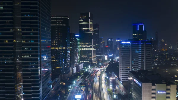 Jakarta Indonesia Octubre 2018 Paisaje Nocturno Edificios Oficinas Con Autopista —  Fotos de Stock