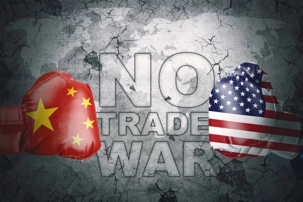 Close up of China and USA flag on boxing gloves with text of no trade war