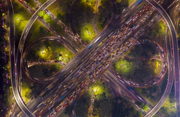 Letecký Pohled Jakarta Těžké Dopravy Semanggi Dálnice Výměnu Noční Době — Stock fotografie