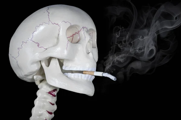 Nahaufnahme Eines Menschlichen Kopfskeletts Das Eine Zigarette Raucht Aufnahme Mit — Stockfoto