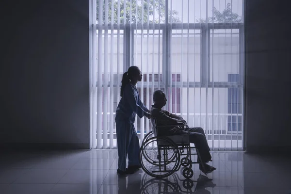 Siluetu Ženské Sestry Tlačí Její Starší Pacient Invalidním Vozíku Při — Stock fotografie