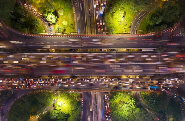Éjszakai Látképe Semanggi Híd Belvárosi Jakarta Könnyű Pályák — Stock Fotó