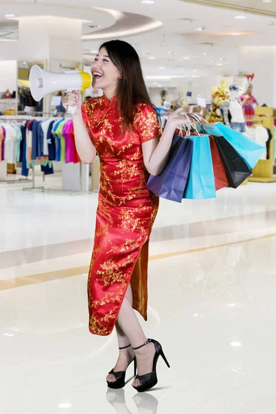 Chinese New Year Concept Happy Chinese Woman Speaking Megaphone While — Stock Photo, Image