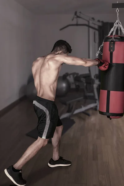 Retrato Jovem Boxeador Sexo Masculino Batendo Saco Perfuração Centro Fitness — Fotografia de Stock