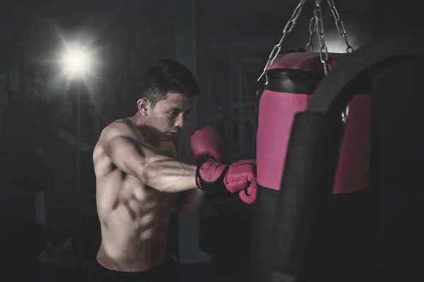 Portrét Mladé Asijské Pejsek Boxer Bít Boxovací Pytel Tělocvičně — Stock fotografie