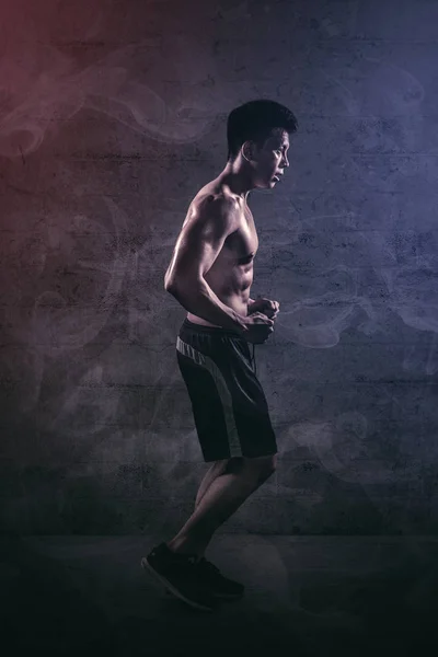 Side View Muscular Young Man Doing Run Exercises Studio — Stock Photo, Image