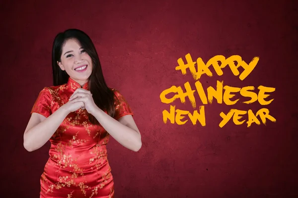Happy Woman Congratulating You While Standing Text Chinese New Year — Stock Photo, Image